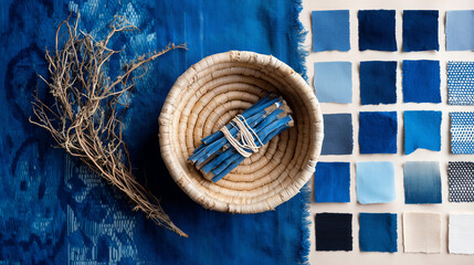 Natural fibers and blue paint swatches in artistic flatlay arrangement  
