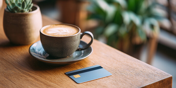 Coffee cup on wooden table with credit card and plant in background - Powered by Adobe
