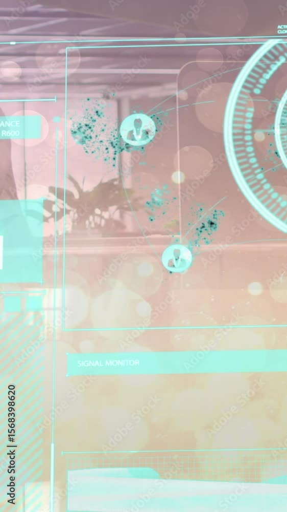 Poster animation of network of connections with icons and financial data processing over world map