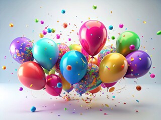 3D Rendered Confetti Balloons, Joyful Celebration, Festive Party Background, White Isolated, Happy Birthday, Anniversary