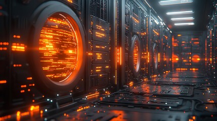 Futuristic data center with bright lights.