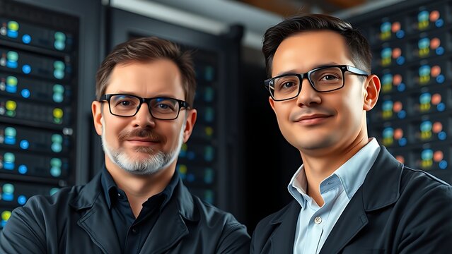 Two technicians working in a data center with server racks softly blurred behind them.
