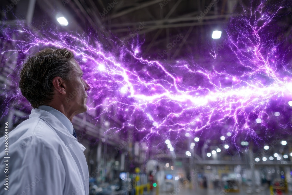 Poster scientist conducts experiment with electric energy in a large laboratory setting
