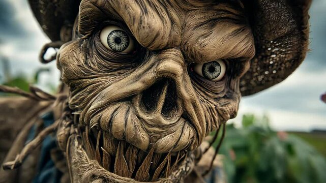 scarry ghostly scarecrow at wither maize field under stormy sky	
