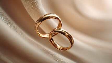 Two gold wedding rings on soft fabric background  