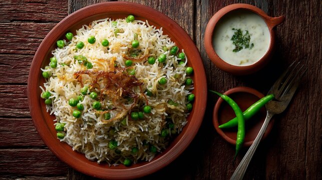 Pakistani matar pulao green peas and fried onions in aromatic rice served with raita and green chili on wooden table top down view