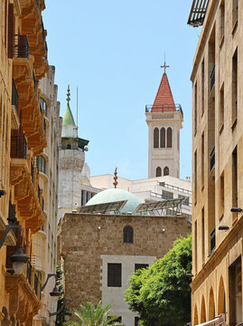 Downtown Beirut, Lebanon: Ancient Mosque, church and buildings.