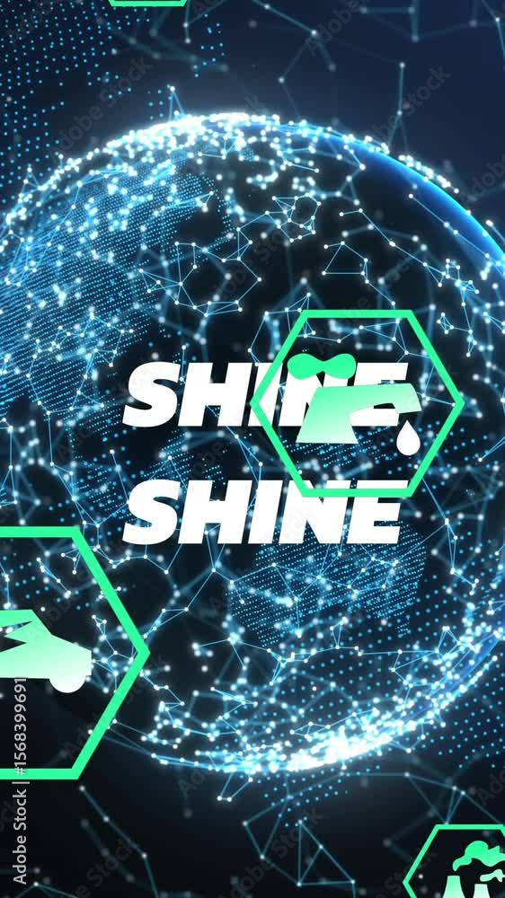 Poster animation of falling icons over globe dark background