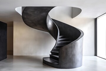 Matte charcoal spiral staircase with a striking sculptural form, contrasting sharply against smooth white concrete walls in a luxury loft