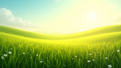 Golden light bathing dense green grass in a quiet spring meadow, perfect for nature backgrounds and serene seasonal imagery