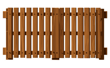 Wooden fence with gate, Pallet wood, picket wooden texture design element for a farm or country landscape isolated on a transparent background in PNG format.