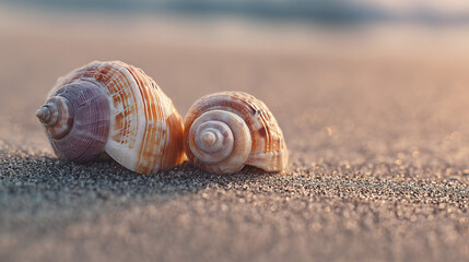 Two seashells resting on sandy beach during sunset