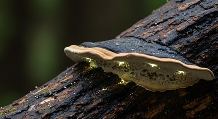Close-Up of a Shelf Fungus Growing on a Wet, Decaying Tree Trunk: Forest Fungi, Nature's Decomposers, Woodland Ecosystem, Macro Photography, Biological Diversity, Natural Texture