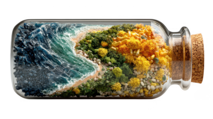 Miniature ecosystem of ocean waves beach greenery and yellow pills inside a glass bottle isolated on transparent background