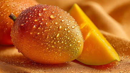 Ripe mangoes with water droplets fruit tropical