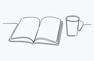 one line drawing coffee and book, single continuous line drawing of books with a cup of coffee above on library desk, business and education concept, one line draw coffee and books