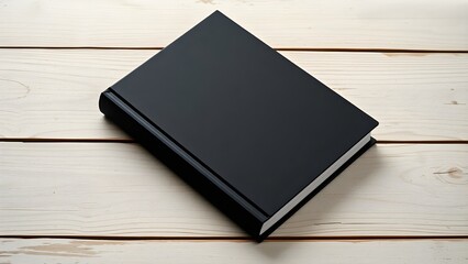 Black leather notebook with a blank cover page on an old wooden table, Generative AI