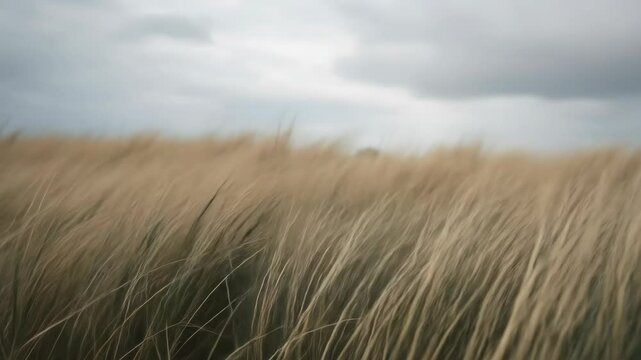 Golden grass blowing in wind field under overcast sky. Nature landscape with dry sedge blowing outdoor. Plant moving season footage.