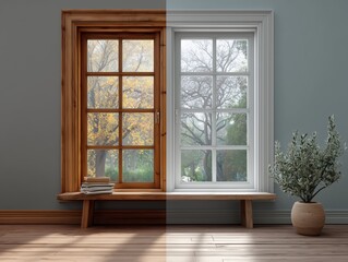 Cozy interior with wooden bench and potted plant next to a large window with view of autumn trees

