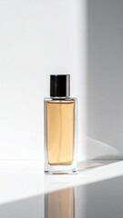 Amber Perfume Bottle in Sunlight on White Surface