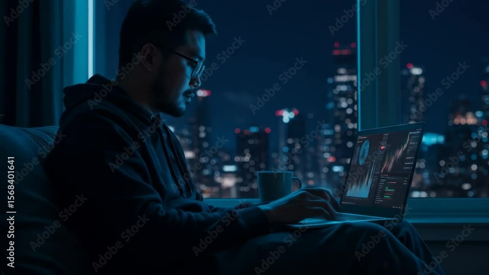 Poster nighttime stock trader analyzing data on laptop - a young man sits by a window overlooking a nightti