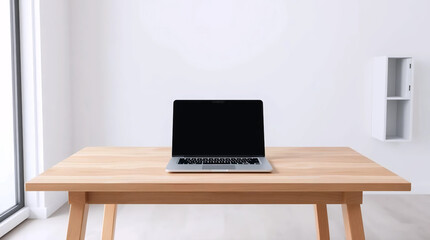 modern laptop on wooden desk with white wall background, minimal workspace setup for business, technology, or study concept