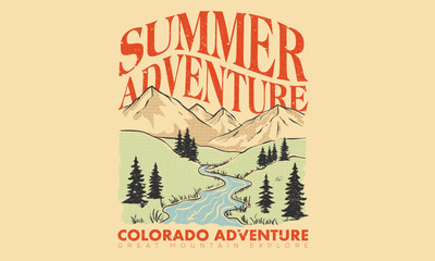 Mounting summer adventure artwork for t shirt , sweatshirt, poster, sticker and others. Colorado national park artwork. Explore graphic print design for apparel.