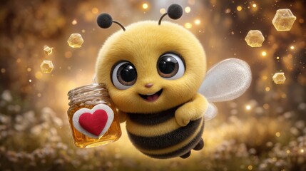 Cheerful cartoon bee flying through golden honeycomb background