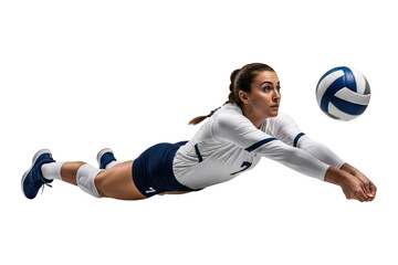 Female volleyball player in a white and blue uniform diving to dig a volleyball 