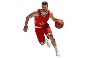 Male basketball player in a red uniform dribbling the ball during a game