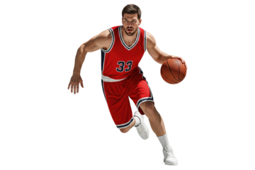 Male basketball player in a red uniform dribbling the ball during a game