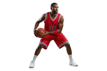 Male basketball player in a red uniform holding a ball in a ready stance