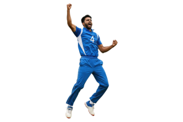 Male cricket player in a blue and white uniform jumping and celebrating a victory