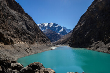 Snowed mountains and lake in Tajikistan, seven lakes route