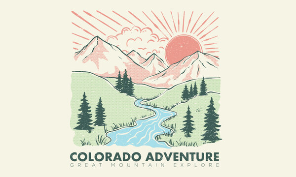 Explore graphic print design for apparel. Mounting summer adventure artwork for t shirt , sweatshirt, poster, sticker and others. Colorado national park artwork.