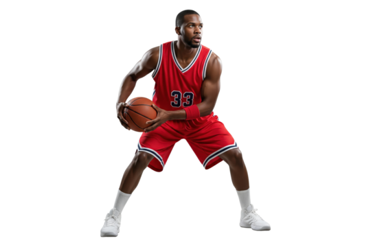 Male basketball player in a red uniform holding a ball in a ready stance