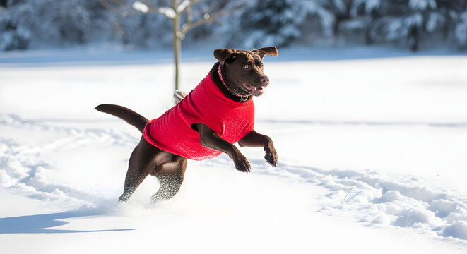 Energetic Dog in Red Coat Jumping Through Snow on a Winter Day