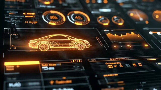 futuristic screen showing car design and performance measurement data 