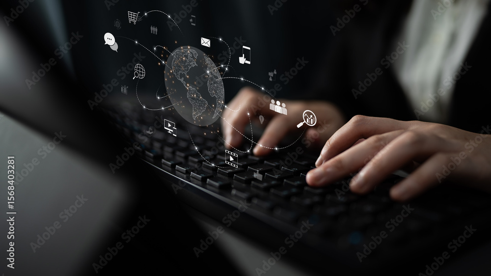 Poster visualization of global digital communication and online across multiple platforms, including global