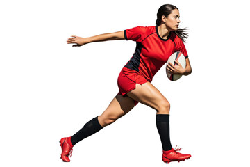 Female rugby player in a red and black uniform running with the ball