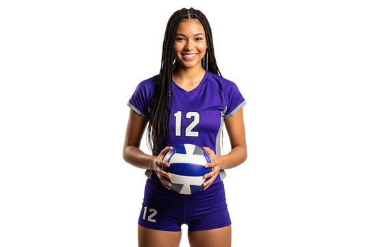Young female volleyball player with braided hair in a purple uniform holding a volleyball and smiling