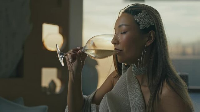 Elegant Woman Sipping Wine from a Crystal Glass