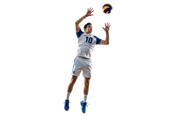 Male volleyball player in a white and blue uniform jumping to set a ball