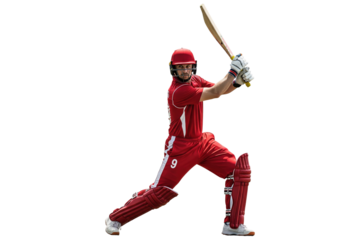 Male cricket player in a red uniform and helmet batting with a bat