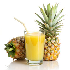 Fresh pineapple juice is served in a glass with two pineapples isolated on white background