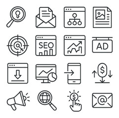 Digital marketing icon collection: seo, analytics, and ad symbols for online campaigns