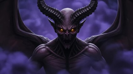 Demonic Figure Emerging from Purple Smoke - A powerful demonic figure with large horns and bat-like wings emerges from a swirling cloud of dark purple smoke. - Powered by Adobe