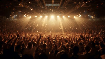 Sports fans cheering in an indoor stadium, the crowd is slightly blurred.