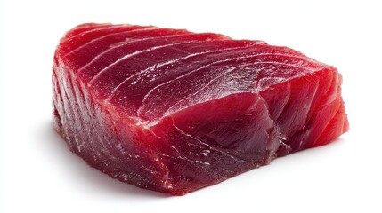 Ultra quality image of raw tuna steak with rich red hue and visible fat marbling, isolated against a pure white background.