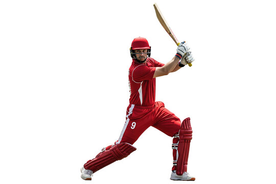 Male cricket player in a red uniform and helmet batting with a bat